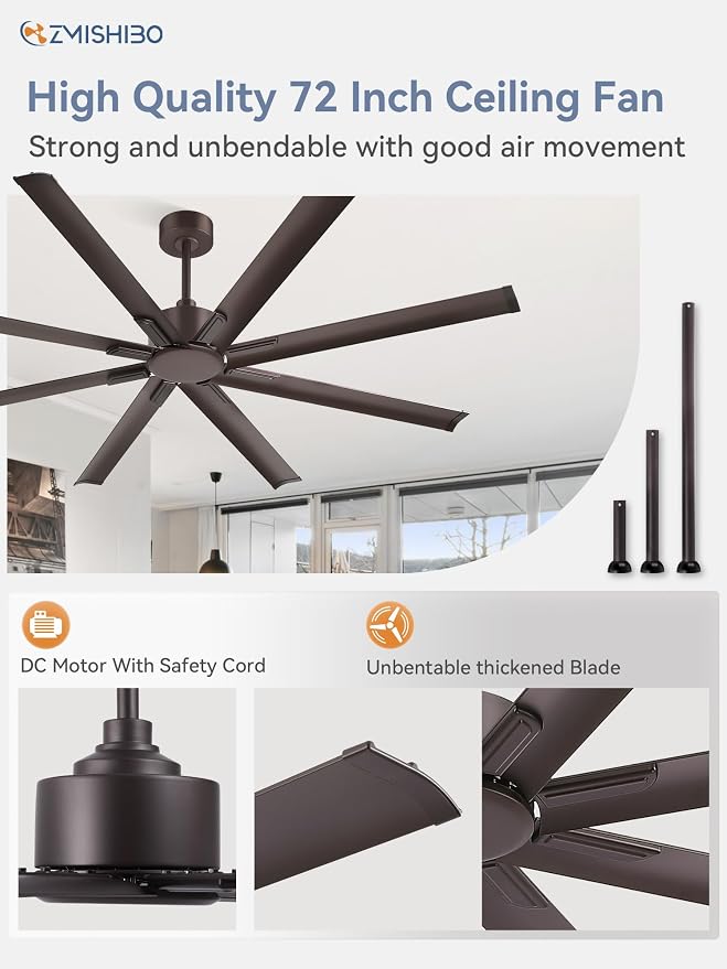 ZMISHIBO 72 Inch Ceiling Fan No Light, Large Ceiling Fan with Remote, Quiet DC Motor, and 6 Speeds, Indoor/Outdoor Industrial Ceiling Fans 8 Aluminum Blades for Patio, Garage, Shop,Oil-bronze
