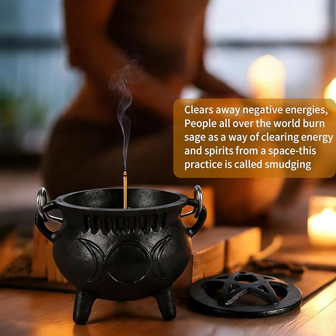 Cast Iron Sacred Incense Holder, Small Three-Legged Cast Iron Pot, Incense Burner, Suitable for Yoga Meditation and Energy Cleansing, Sage Burning, Candle Holder Rituals and Decorations