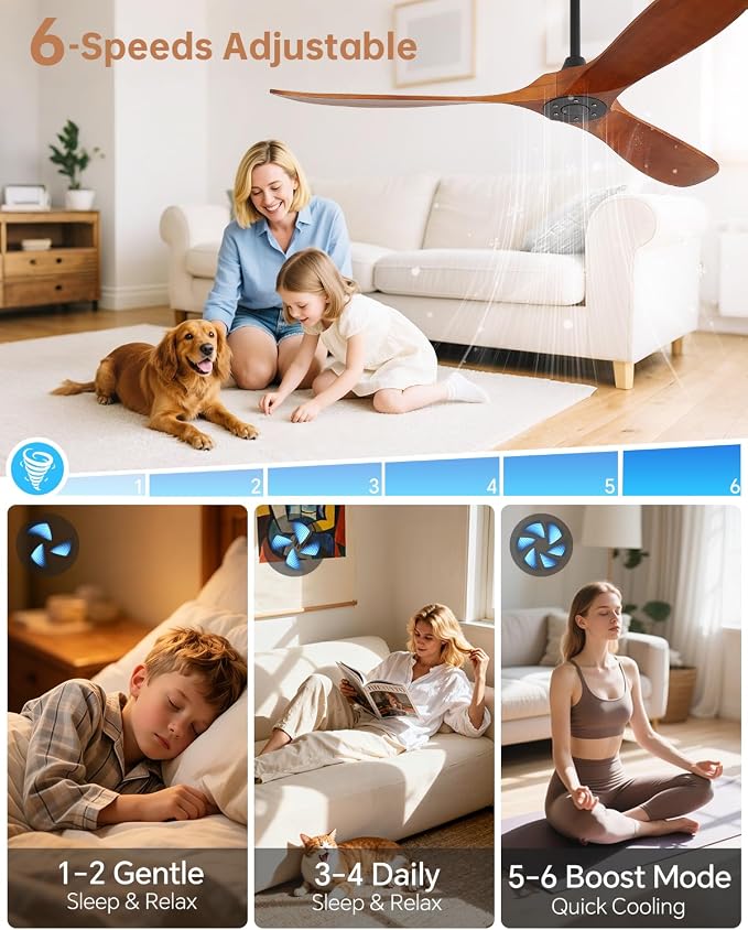 Sofucor 60 Inch Ceiling Fans No Light-Outdoor Ceiling Fan with Remote Control, Quiet DC Motor, 3 Blades Modern Solid Wood Ceiling Fan Without Light for Indoor Bedroom Living Room Patios Farmhouse
