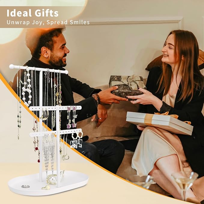 Saydear 3-Tier Jewelry Organizer Stand, Earring Holder Necklace Tree | White Metal Earring Rails With Top Necklace Bar, Oval Tray Base, Ideal Vanity Dresser Decor, Gift For Her