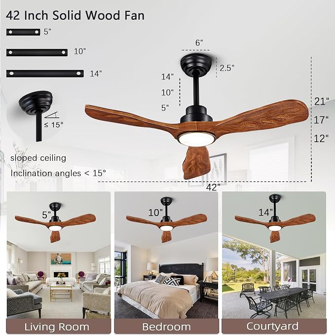 42 In Wood Ceiling Fan with Light,Noiseless Reversible DC Motor with Remote | tung walnut solid wood blades, quiet dc motor, remote control, dimmable 3cct led, indoor outdoor for farmhouse kitchen patio