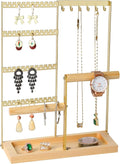Jewelry Organizer Stand, Jewelry Holder, Lengnoy 4 Tier Earring Holder with 48 Holes and 6 Hooks Necklace Organizer Wood Box for Necklace Bracelet Earring Ring, Gold