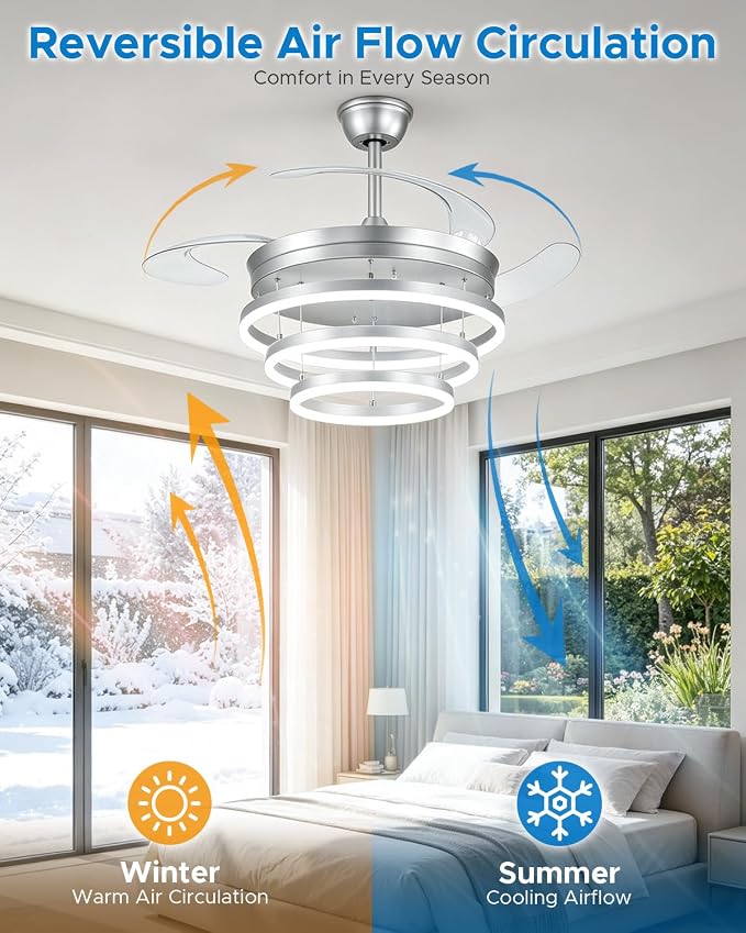 48 Inch Retractable Ceiling Fans with Lights and Remote, Modern Chandelier Fandelier Ceiling Fans, Quiet Reversible DC Motor, 6 Speeds, 3 Color Dimmable LED for Bedroom Living Room (Silver)