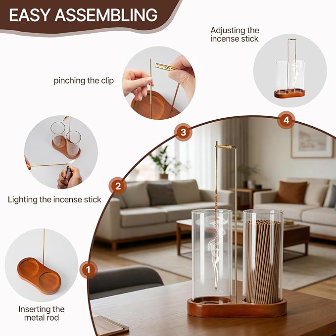 Incense Holder with 2 High Glass Bottle,Wooden Base Incense Stick Holder for Desktop,Incense Burner for Ash Collection,Ash Container (Wood)