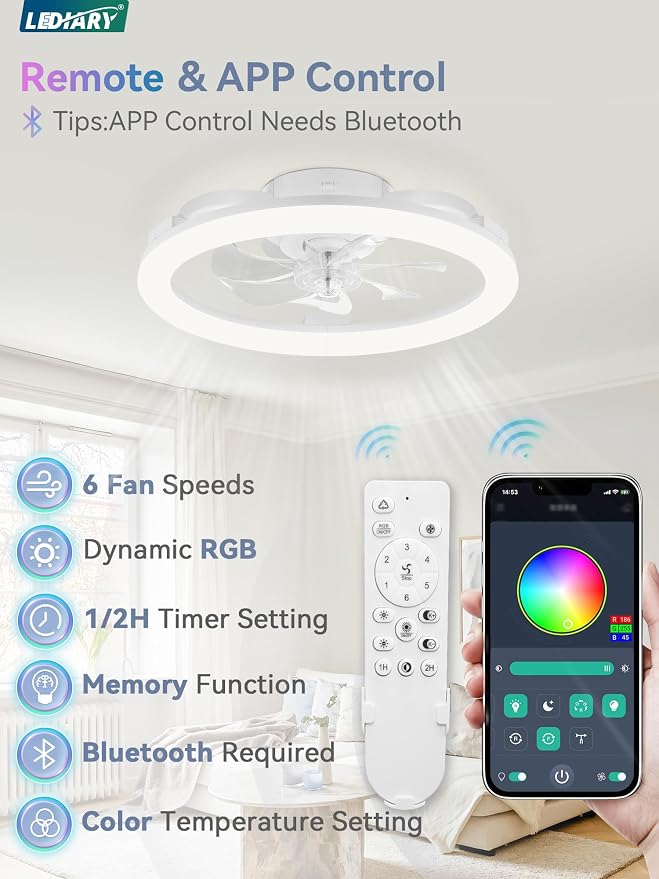 LEDIARY RGB Low Profile Ceiling Fans with Lights and Remote, 20 Inch Dimmable Modern Ceiling Fan(3000K-6000K), 6 Speed, Reversible, APP & Remote Control, Flush Mount Fan Light, White RGB Ceiling Fans