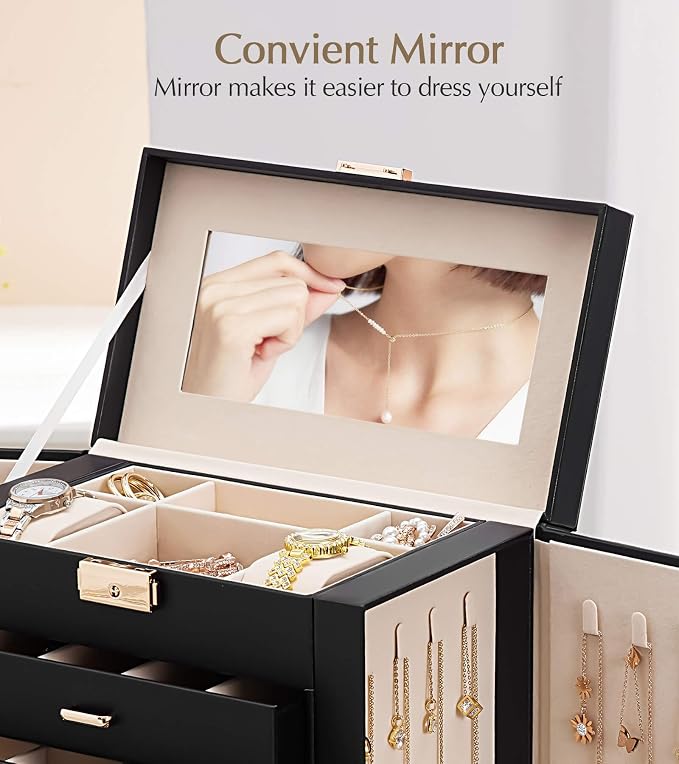 Homde Jewelry Box Large for Women: 6 Layers 5 Drawers Organizer with Mirror for Ring Earring Necklace - Storage Holder with Lock for Dresser - Ideal Gift Case (Black)