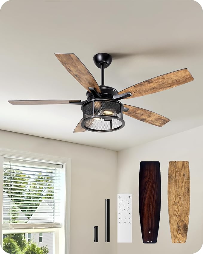 EDISHINE 52" Farmhouse Ceiling Fans with Lights and Remote, 10%-100% Dimmable, 5 Wooden Blades Lighting & Ceiling Fans with Timer, 6 Speeds Reversible DC Motor for Living Room Bedroom, Burnt Wood