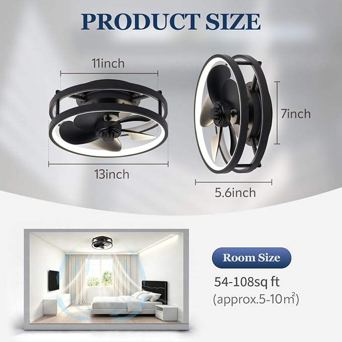 13 Inch Small Ceiling Fan with Light and Remote, Low Profile Flush Mount Fandelier, Dimmable 3CCT Quiet LED Ceiling Fans for Bedroom Black RBG