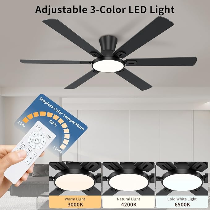 60 Inch Black Ceiling Fans with Lights and Remote, Flush Mount Low Profile 6 Blades Ceiling Fan, Quiet Reversible DC Motor for Living Room, Bedroom and Patio