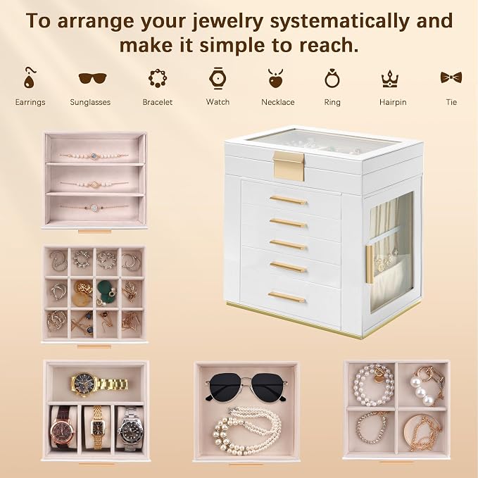 Homeanda 6-Layer Jewelry Boxes for Women, Large PU Leather Storage Organizer with 5 Drawers Glass Lid Case for Rings Necklaces Earrings Bracelets Watches, Gift for Wife and Girls (White)
