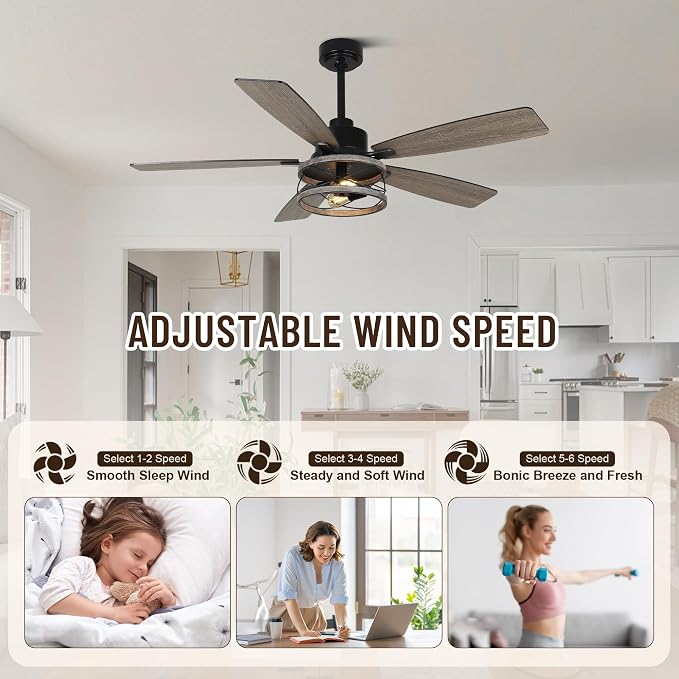 52'' Farmhouse Ceiling Fans with Lights and Remote Control | Reversible DC Motor,5 Double Colour Blades,Rustic Caged Chandelier Ceiling Fan with Light for Living Room,Dining Room,Bedroom