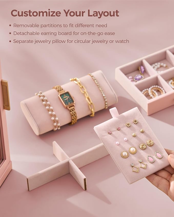 Glimmloop 360° Rotating Jewelry Box with 5 Drawers, Spacious Vertical Jewelry Organizer with Glass Window, Jewelry Storage Case, Dustproof & Moisture-resistant Design, Pink