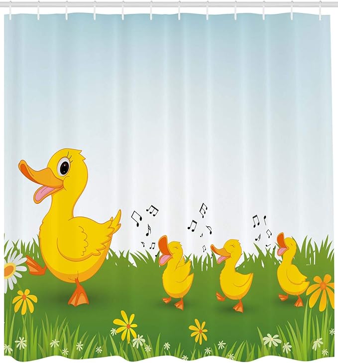 Ambesonne Cartoon Shower Curtain, Mother Duck Walking and Singing on The Meadow Flowers, Cloth Fabric Bathroom Decor Set with Hooks, 69" W x 70" L, Pale Blue Mustard