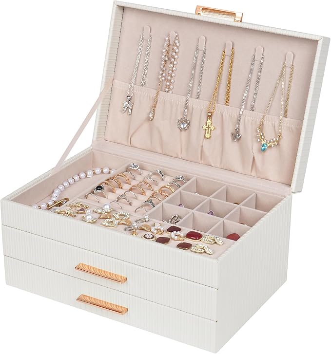 Dajasan Jewelry Box Organizer, 3-Tier Large Jewelry Storage Organizer with 2 Drawers, Space-Saving Jewelry Boxes for Women, PU Leather Surface with Texture, Gift Idea, Modern Style (White)