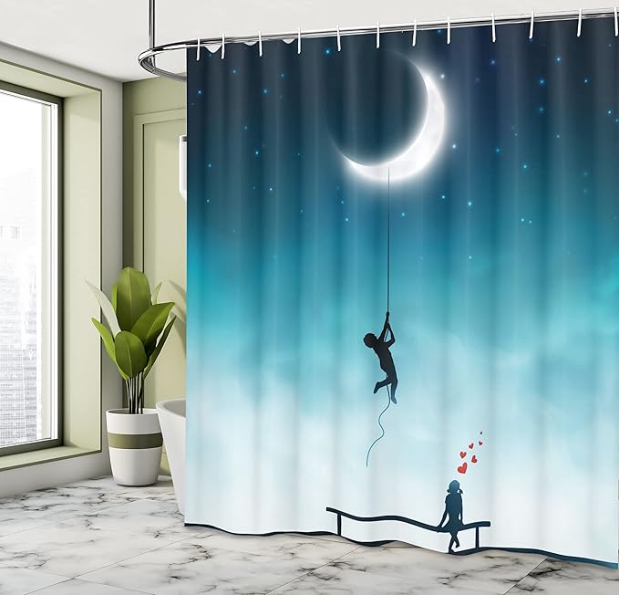 Ambesonne Fantasy Shower Curtain, Characters Climbing to The Moon and Sitting on Bench Love Romance Themed Art, Cloth Fabric Bathroom Decor Set with Hooks, 69" W x 70" L, White and Teal