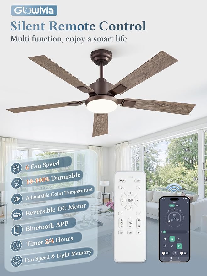 52 Inch Ceiling Fans with Lights and Remote&APP Control, Bronze Smart Ceiling Fan with 3000-6000K Dimmable, 6 Speeds Quiet Reversible Motor, Indoor/Outdoor Ceiling Fan for Bedroom Living Room