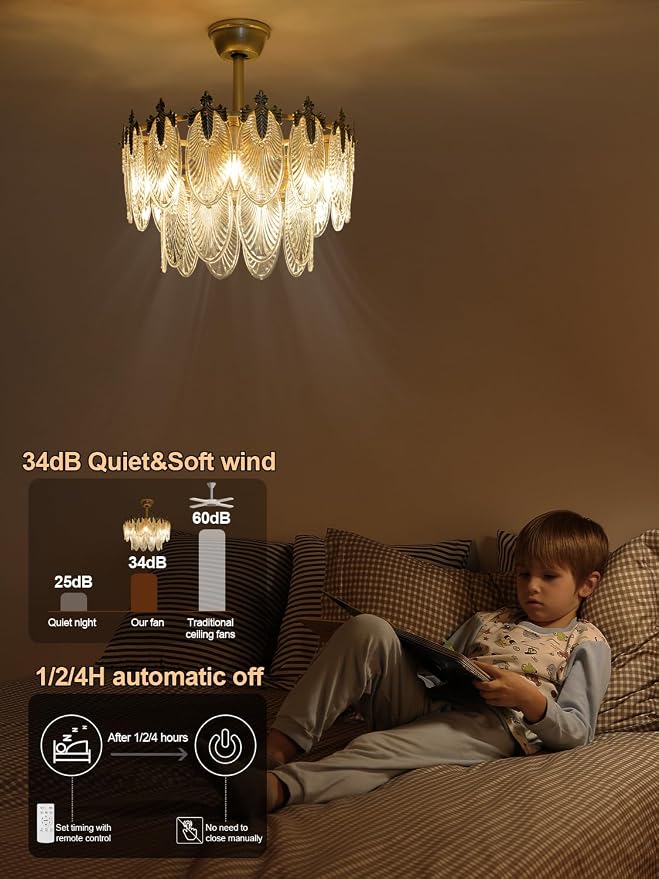20" Gold Fandelier Ceiling Fan with Light, Gold Crystal Chandelier Ceiling Fans with Lights and Remote Control, Mid Century Enclosed Caged with 6 Speeds for Bedroom, Nursery, Living Room