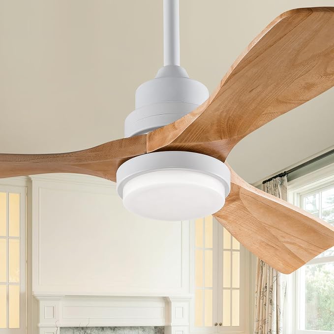 42 Inch Outdoor Ceiling Fans with Lights and Remote Control, Dimmable Outdoor Ceiling Fans for Patios 3 Blade Wood White Natural Wood Bedroom Ceiling Fan with Light, Wall Switch