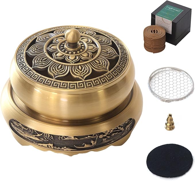 Brass Incense Burner Bowl, Vintage Incense Tray, Lotus Incense Holder for Cone, Coil and Stick Incense, Zen Meditation Yoga Spa, Healing Relaxing Oriental Censer Gift Set for Home Indoor Decor