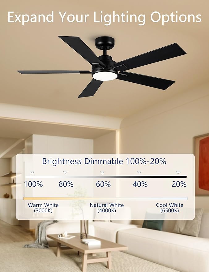 Modern Ceiling Fans with Lights - 52 inch Black Outdoor Ceiling Fan with Light and Remote, Reversible DC Motor, 6-Speed Quiet 3CCT LED Dimmable for Bedroom, Indoor and Outdoor, Patios , ETL Listed
