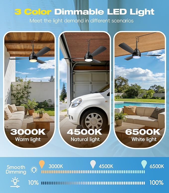 42 inch outdoor ceilling fan,plug-in ceiling fan light with 16tf cord,Gazebo fan light dimmable 3CCT LED,Reversible,Portable hook design for bedroom garage tent porch kitchen patio.