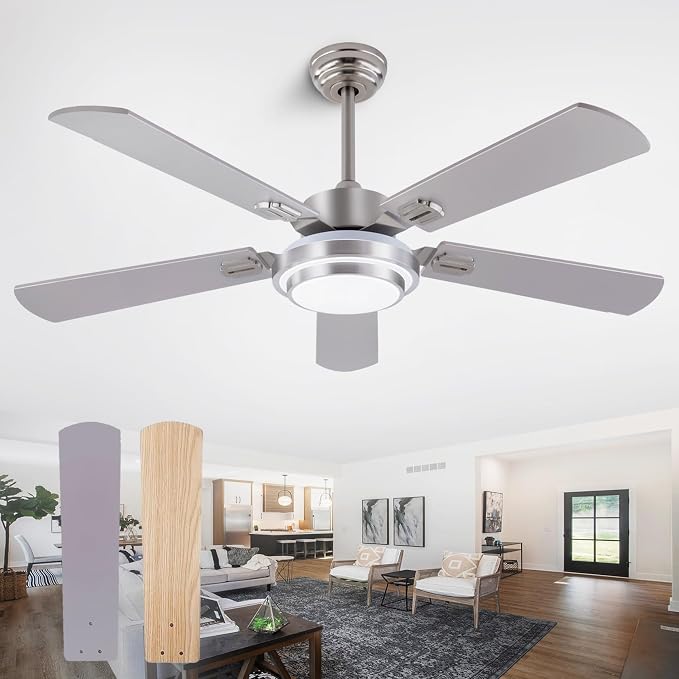 QUTWOB 52" Brushed Nickel Ceiling Fans,Farmhouse 5 Blades Ceiling Fans with Lights, Indoor/Outdoor Ceiling Fan with Remote Control for Patio, Bedroom,Living Room,Dining Room,etc. (Sliver)