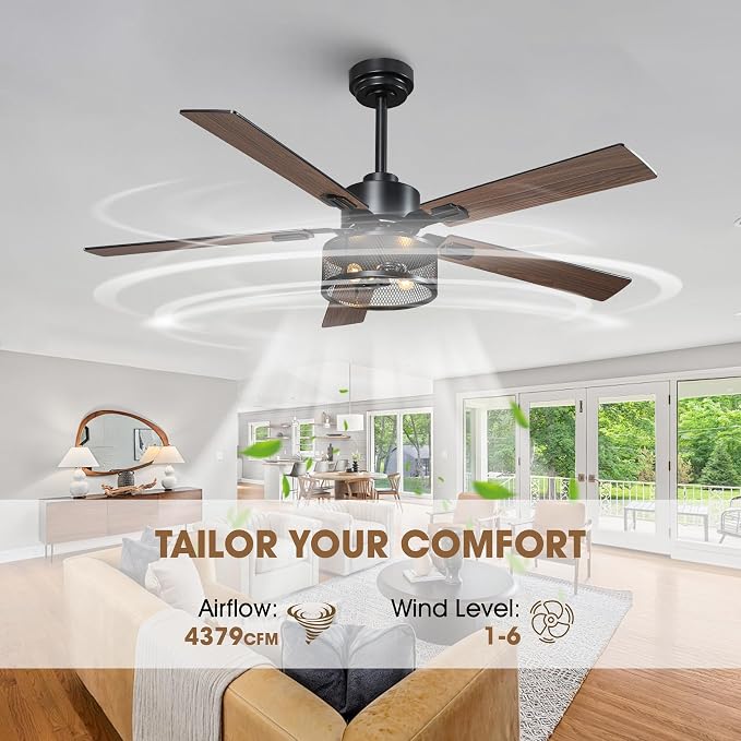 Ceiling Fans with Lights and Remote Control, 52 Inch Farmhouse Ceiling Fan for Living Room, 5 Dual Finish Blades, 6-Speed Adjustable and Reversible DC Motor with Timer & APP Control for Indoor/Outdoor