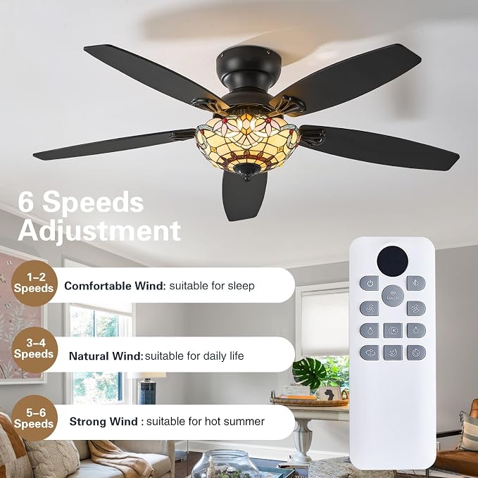 Tiffany Ceiling Fans with Lights - 52" Ceiling Fan Chandelier with 5 Dual-Blades and Glass Shade, 6 Speeds and Reversible, Indoor and Outdoor, Retro Style