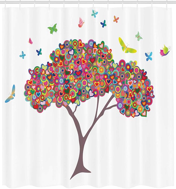 Ambesonne Tree of Life Shower Curtain, Colorful Nature Butterflies Heart Happiness Love Theme Bloom Summer Season, Cloth Fabric Bathroom Decor Set with Hooks, 69" W x 70" L, Yellow Magenta
