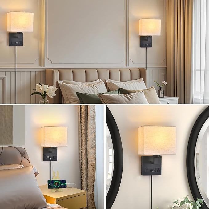 Bedside Wall Lamp for Bedroom, Plug in Wall Sconce - Dimmable Switch with AC Outlet & USB Charging Port, Fabric Shade, Black Wall Mounted Light for Living Room, Hotel
