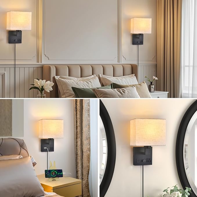 Bedside Wall Lamp for Bedroom, Plug in Wall Sconce - Dimmable Switch with AC Outlet & USB Charging Port, Fabric Shade, Black Wall Mounted Light for Living Room, Hotel (B8045-2Pack)
