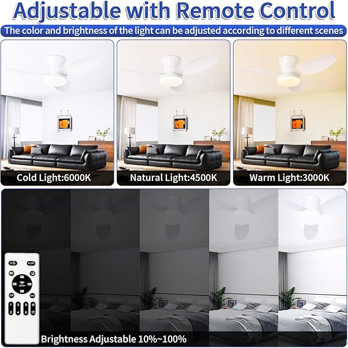 Small Ceiling Fan with Lights, 32 Inch Flush Mount with Remote Control, Reversible Quiet DC Motor, White, 3 Blades, 6 Speeds, Dimmable LED, Adjustable Color Temperature, Timer