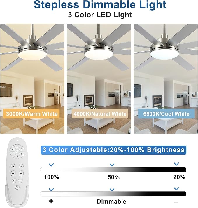 72 Inch Ceiling Fans with Lights and Remote Control, Brushed Nickel | Wooden Blades,Reversible Quiet DC Motor, 6-Speed, 3CCT Dimmable LED, Timer for Living Room, Bedroom, Office