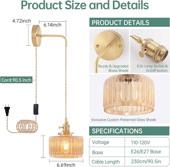 Shenmoyl Vintage Wall Sconce Wall Lamp with Amber Striped Glass Shade Hanging Wall Sconce with 4.9FT Plug in Cord, Modern Wall Lamp Fixtures Decor for Bedside Bedroom Indoor Doorway