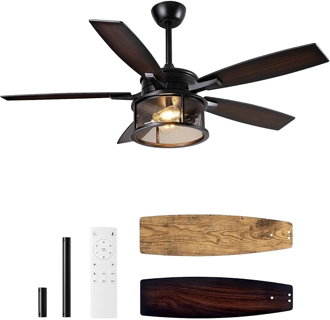 EDISHINE 52" Farmhouse Ceiling Fans with Lights and Remote, 10%-100% Dimmable, 5 Wooden Blades Lighting & Ceiling Fans with Timer, 6 Speeds Reversible DC Motor for Living Room Bedroom, Burnt Wood