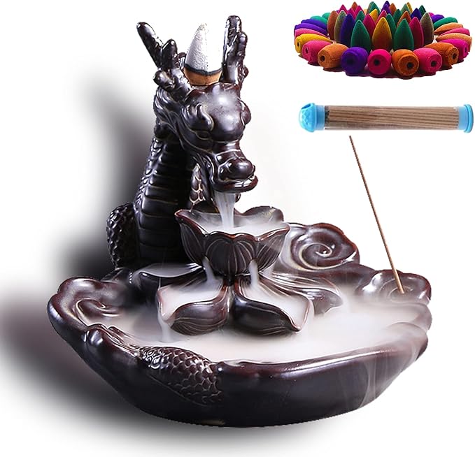 Dragon Incense Waterfall Burner Ceramic Backflow Incense Holder Set with Incense Cones and Incense Sticks, Dragon Ornament for Home Décor