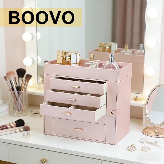 BOOVO Large Jewelry Boxes For Women (Rose Gold, 6 Layer) | 6 Layers Jewelry Organizer Box With Cosmetic Storage Drawer, Necklace Ring Jewelry Organizer Box