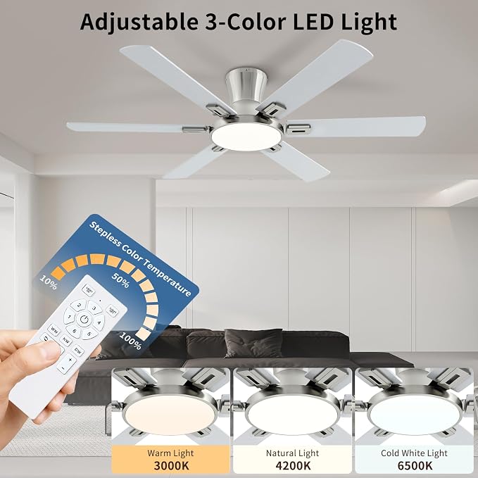 52 Inch Brushed Nickel Ceiling Fans with Lights and Remote,Flush Mount Low Profile 6 Blades Ceiling Fan with 10 Inch Lighting Fixture,Quiet Reversible DC Motor for Living Room,Bedroom and Patio