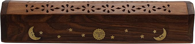 Coffin Style Wood Incense Burner Holder with Sun and Moon Inlays for Incense Sticks and Cones