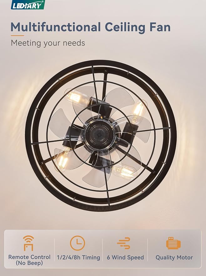 LEDIARY 16.5 inch Black Caged Ceiling Fan, Fandelier Industrial Ceiling Fan with Remote, Farmhouse Fan Ceiling Fixtures for Kitchen, Bedroom, Outdoor（6 Speed, Timing）-Black