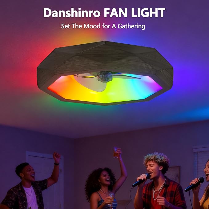 RGB Ceiling Fans with Lights and Remote, Modern Smart LED Ceiling Fans Light, 6 Speeds & 3000K-6500K Dimmable, Quiet Bladeless Fandelier Ceiling Fan with Light for Bedroom (22In,Walnut Wood)