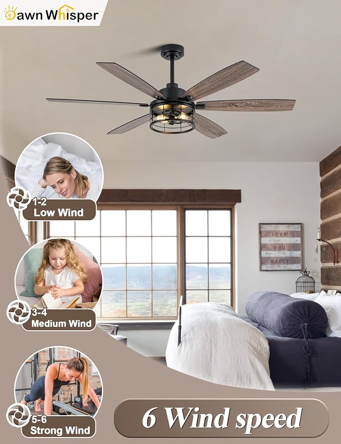 60 Inch Farmhouse Ceiling Fans with Lights Black Caged Rustic Industrial Chandelier Fans for Living Room Bedroom Quiet Reversible DC Motor 6 Speeds 6 Modern-Farmhouse Styles Dual-Finish Blade