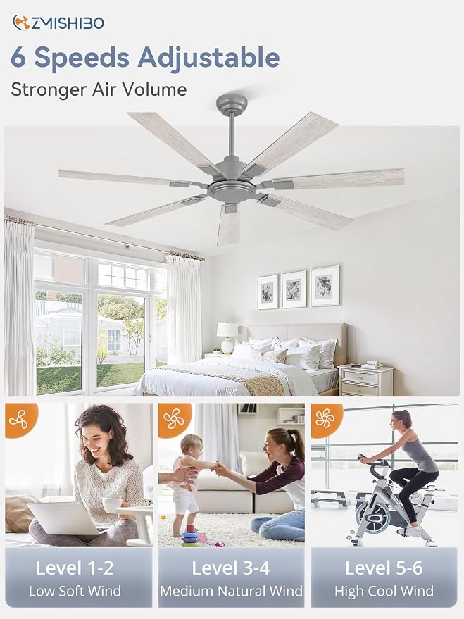 ZMISHIBO 60“ Ceiling Fans No Light with Remote, Silver Modern Ceiling Fan Without Light, Quiet Reversible DC Motor, 6 Speeds, 7 Blades Indoor/Outdoor Ceiling Fan for Living Room Bedroom Patio Garage