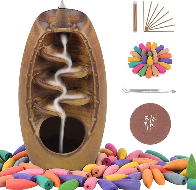 SPACEKEEPER Ceramic Backflow Incense Holder Incense Burner Waterfall, with 120 Backflow Incense Cones & 30 Incense Stick, Aromatherapy Ornament Home Decor, Brown