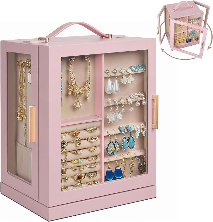 360° Rotating 5‑Drawers Jewelry Box with Top Handle & Glass Window, Spacious Vertical Jewelry Organizer, Jewelry Storage Case, Dustproof & Moisture‑resistant Design. (Pink)