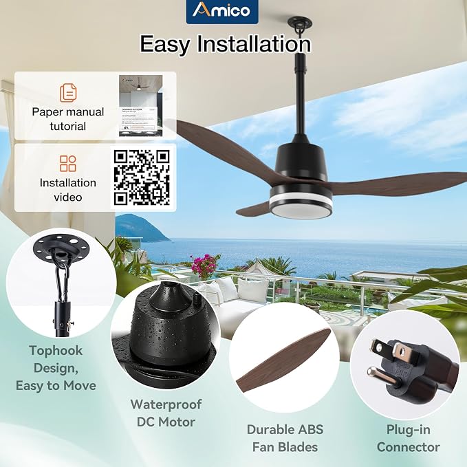 Amico 42 Inch Outdoor Ceiling Fans with Lights for Patios, IP65 Waterproof Gazebo Fan Remote Control, 3000-6000K, 6 Speeds, Hook Hanging Plug in Ceiling Fan for Patio Porch Pergola Garage Canopy