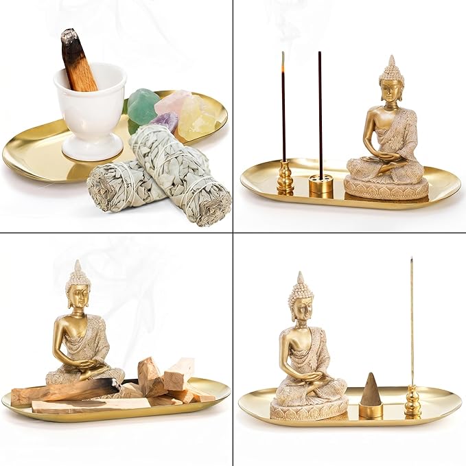 TOPZEA 6 in 1 Brass Incense Burner Holder, Palo Santo & Sage Sticks Holder, Ash Catcher Tray with Buddha Statue for Coil Incense, Incense Cone & Stick, Meditation Accessories, Yoga Room Decor