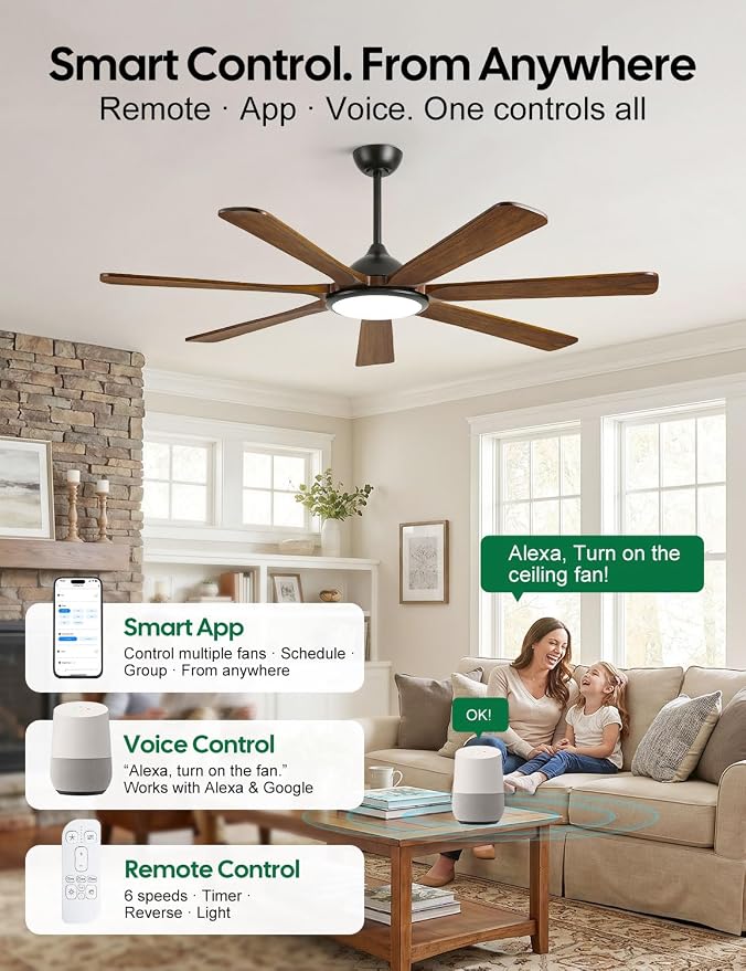 72 inch Smart Wood Ceiling Fan with Large Light, Remote/Alexa/App Control, Farmhouse 7 Solid Walnut Blades, High CFM Airflow Quiet DC Motor, for Indoor High Ceiling, Outdoor Covered Patio, ETL Listed