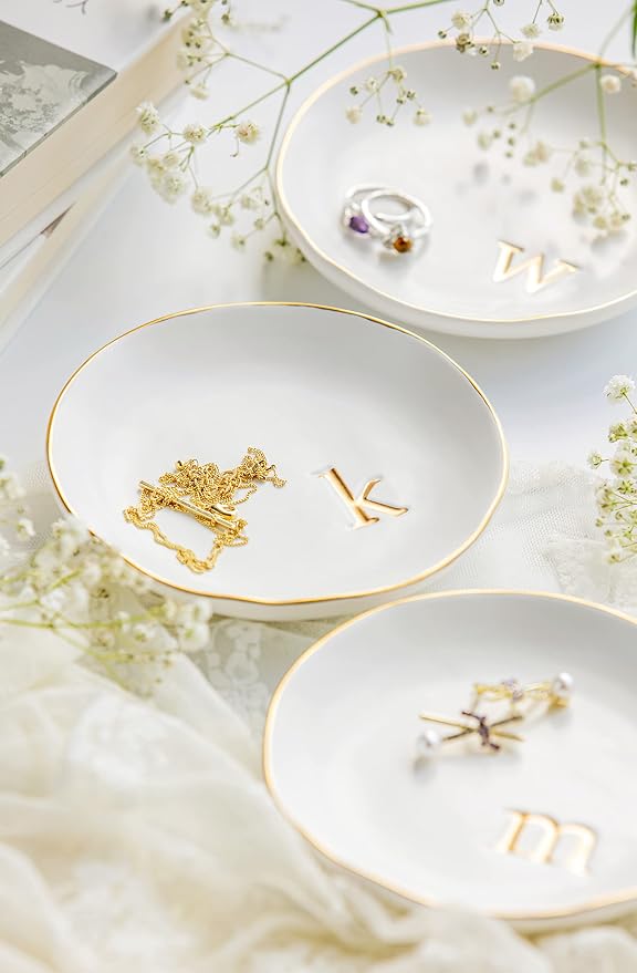 COLLECTIVE HOME Ceramic Jewelry Tray, Trinket Dish, Gifts for Women (G) | Mother's Day, Birthday, Christmas, Engagement Gifts, Vanity, Nightstand Decor, Embossed Gold Monogram Ring Dish with Gift Box