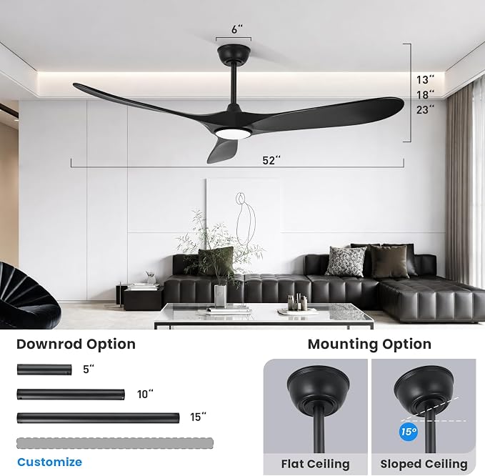 heimo 52 Inch Black Ceiling Fan with Light and Remote, Wood Outdoor Ceiling Fans with Lights Dimmable for Bedroom Living Room Patios Kitchen Modern 3 Blade Propeller Indoor Fan